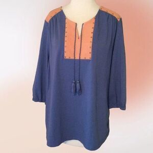 HAUTE‎ Hippie Tribe Blue Faux Suede Tassel Tunic Top L